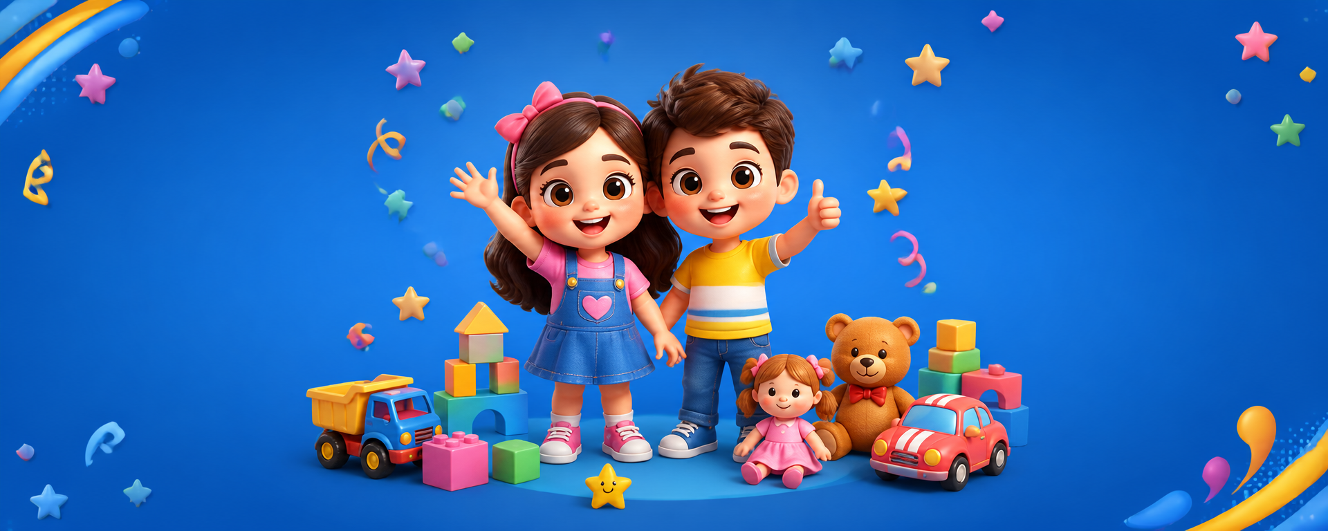Banner de Dia das Crianças na Duda Brinquedos com dois personagens infantis brincando